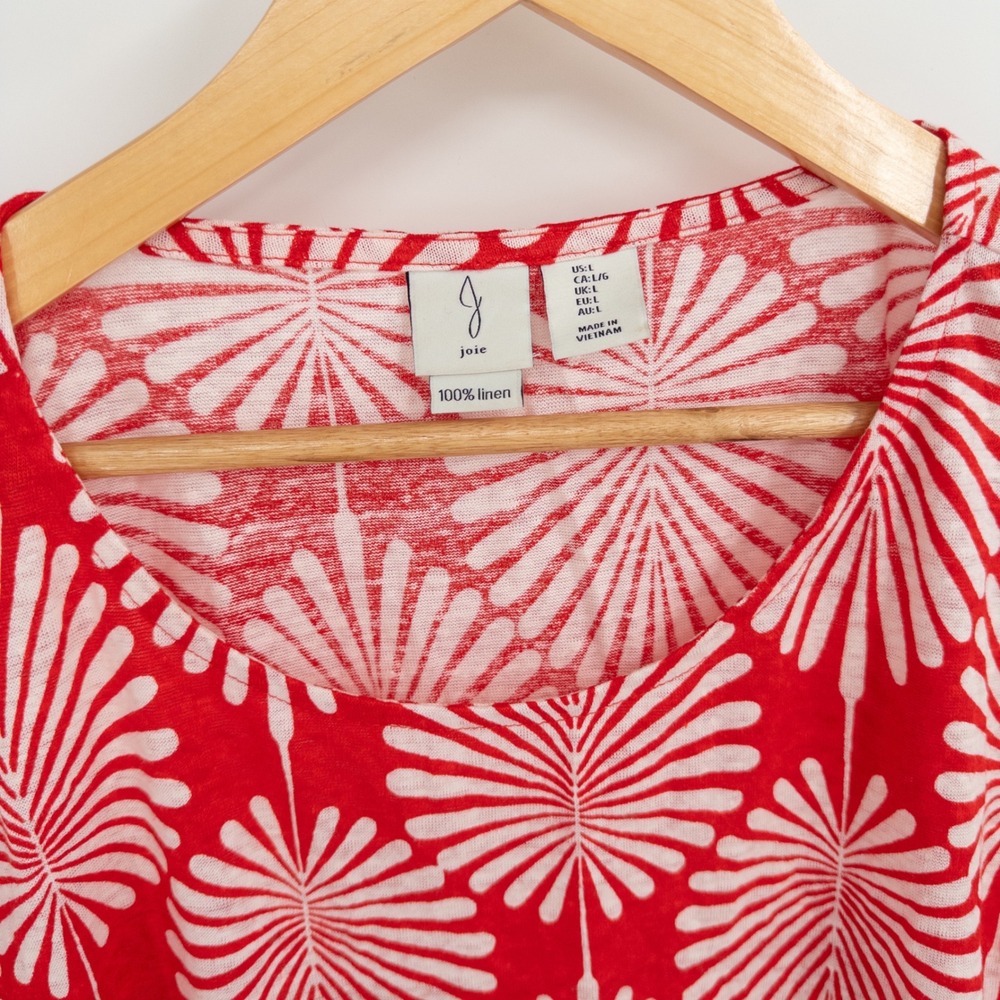 Joie Linen Top Womens Large Red White Palm Leaf Print Short Sleeve Scoop Neck‎ - Picture 2 of 8